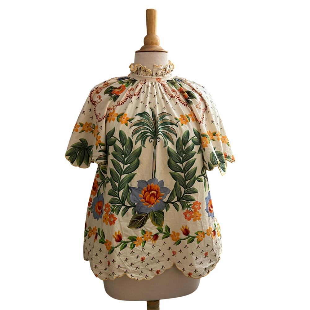 FARM Rio Anthro Short Sleeve High Neck Floral Printed Cotton Blouse Top Sz S - Picture 3 of 6